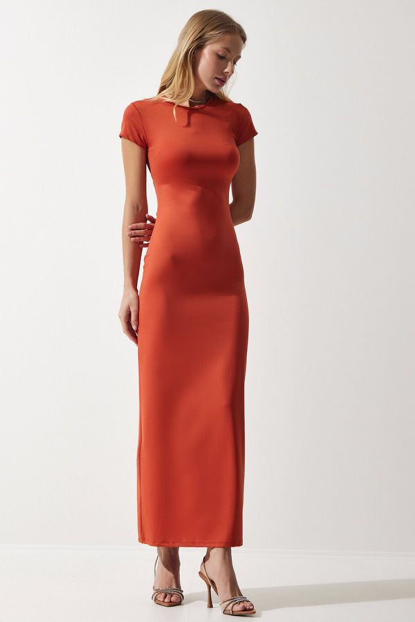 Happiness İstanbul Happiness İstanbul Women's Orange Crew Neck Wraparound Sandy Knitted Dress