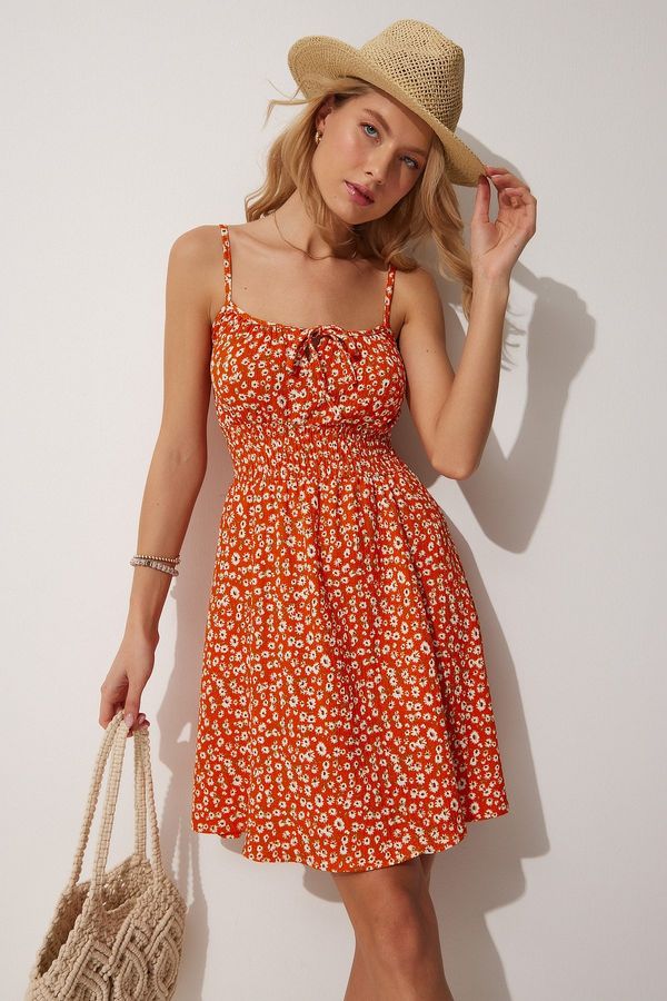 Happiness İstanbul Happiness İstanbul Women's Orange Floral Strap Summer Knitted Mini Dress