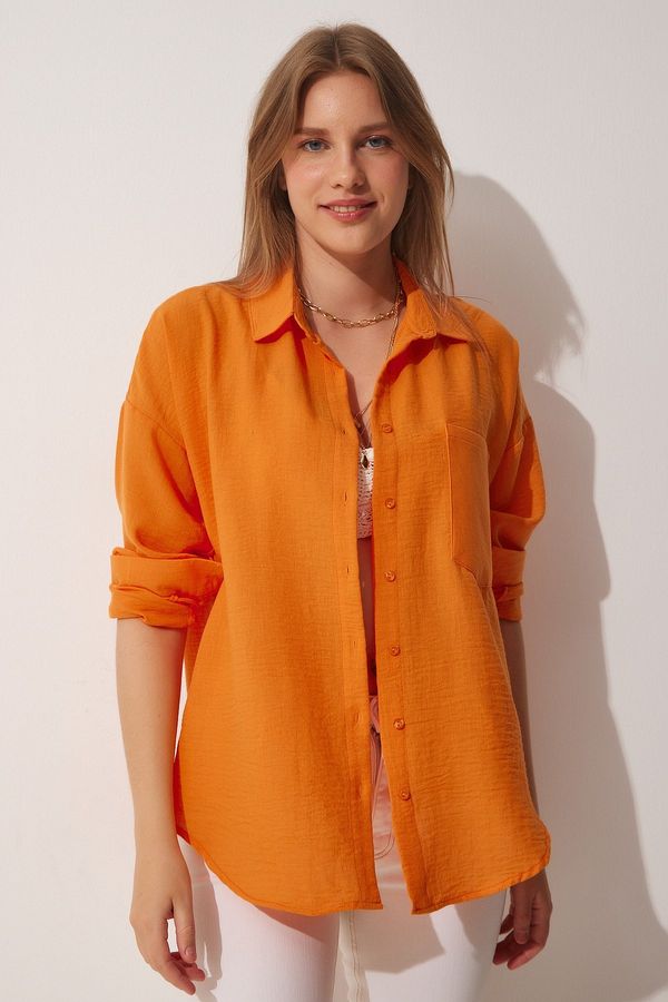 Happiness İstanbul Happiness İstanbul Women's Orange Oversize Linen Airon Shirt