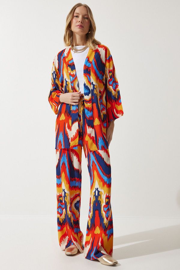 Happiness İstanbul Happiness İstanbul Women's Orange Patterned Kimono Palazzo Trousers Set