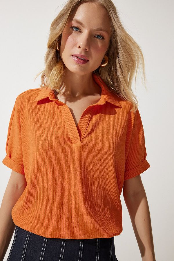 Happiness İstanbul Happiness İstanbul Women's Orange Polo Neck Knitted Crinkle Blouse
