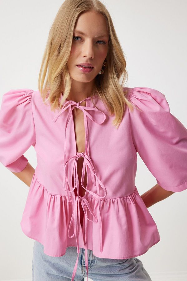 Happiness İstanbul Happiness İstanbul Women's Pink Bow Balloon Sleeve Cotton Poplin Blouse