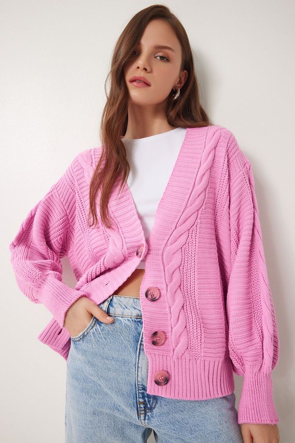 Happiness İstanbul Happiness İstanbul Women's Pink Braided Balloon Sleeve Loose Knitwear Cardigan