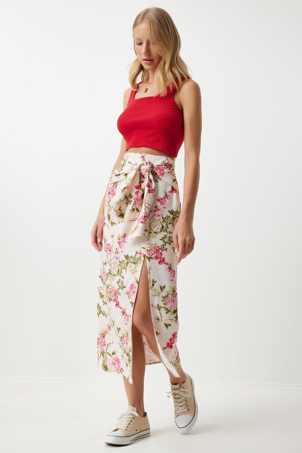 Happiness İstanbul Happiness İstanbul Women's Pink Cream Floral High Waist Knotted Linen Skirt