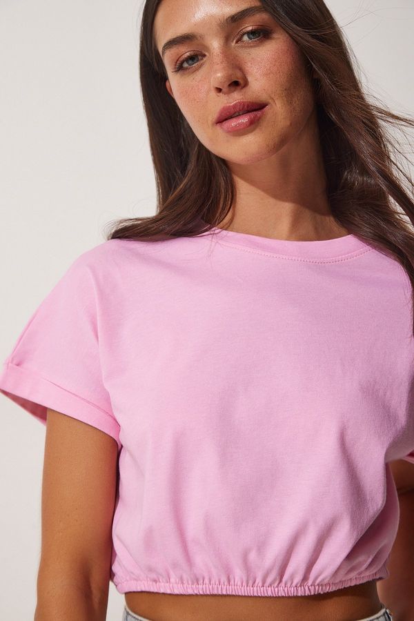 Happiness İstanbul Happiness İstanbul Women's Pink Elastic Waist Crop T-Shirt