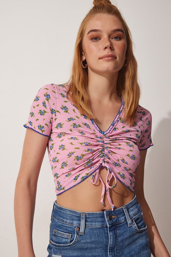 Happiness İstanbul Happiness İstanbul Women's Pink Floral Gathered Crop Knitted Blouse