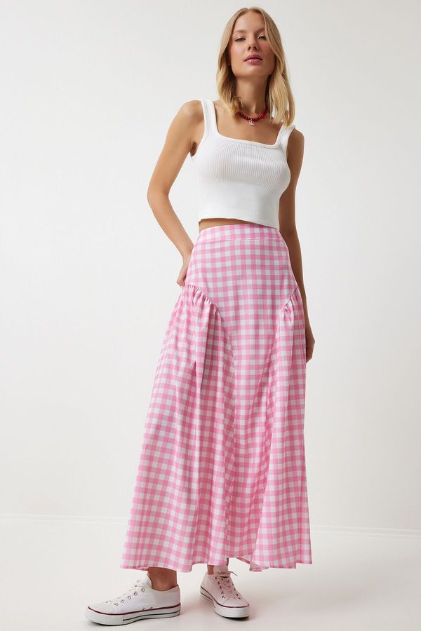 Happiness İstanbul Happiness İstanbul Women's Pink Gingham Flounce Summer Poplin Skirt