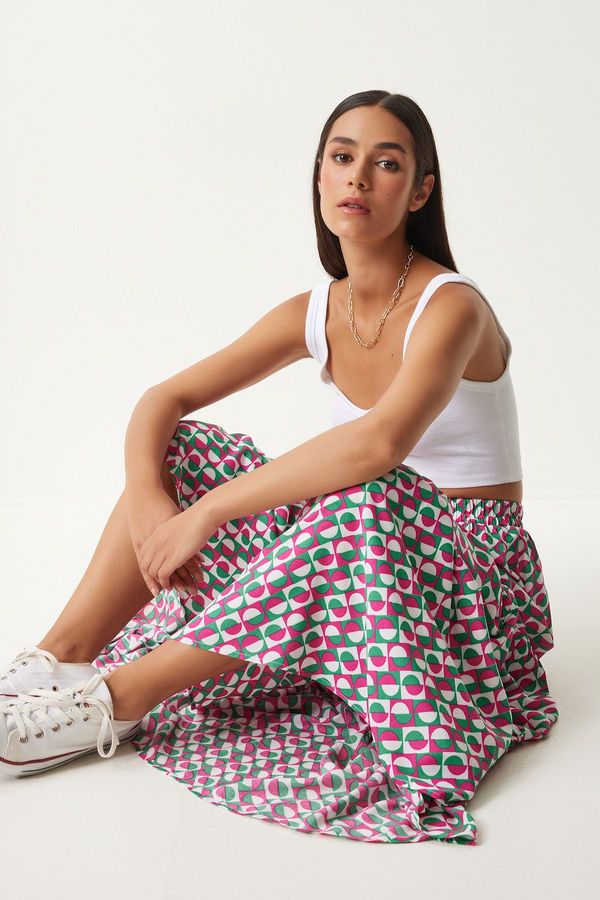 Happiness İstanbul Happiness İstanbul Women's Pink Green Patterned Flounce Summer Maxi Viscose Skirt