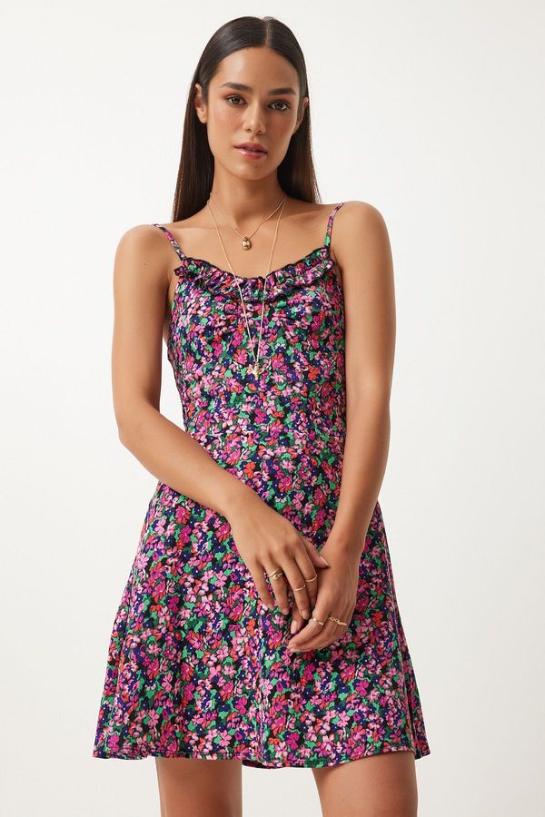 Happiness İstanbul Happiness İstanbul Women's Pink Green Patterned Strappy Textured Knitted Dress