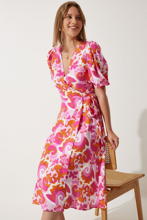 Happiness İstanbul Happiness İstanbul Women's Pink Orange Patterned Summer Wrap Viscose Dress