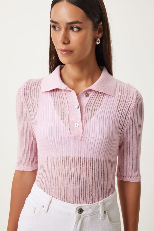 Happiness İstanbul Happiness İstanbul Women's Pink Polo Neck Lightly Transparent Knitwear Blouse