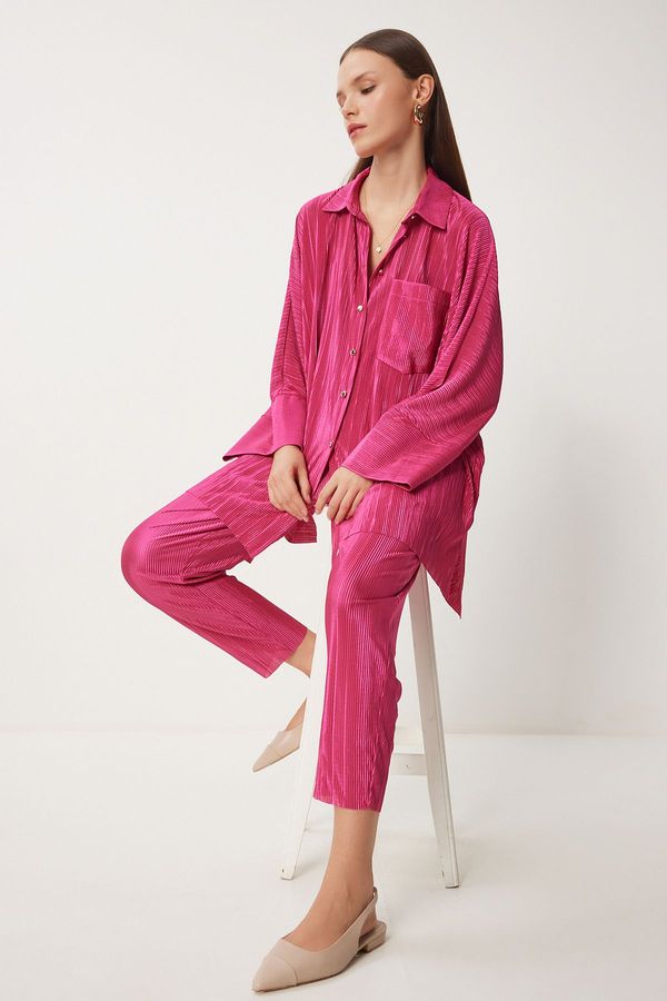 Happiness İstanbul Happiness İstanbul Women's Pink Stylish Buttoned Pleated Shirt Pants Set