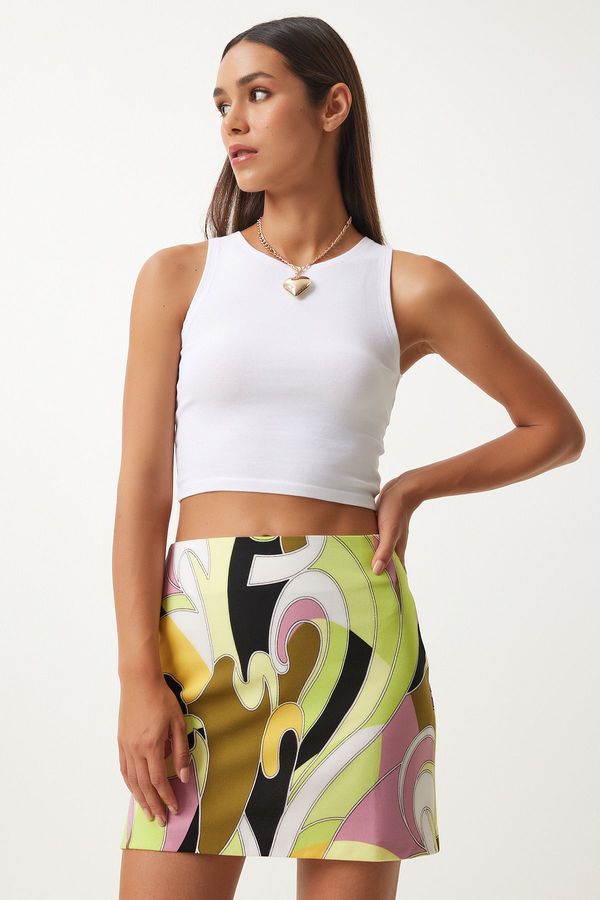 Happiness İstanbul Happiness İstanbul Women's Pistachio Green Black Patterned Mini Knitted Skirt