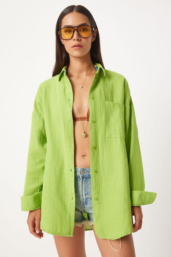 Happiness İstanbul Happiness İstanbul Women's Pistachio Green Oversize Basic Muslin Shirt