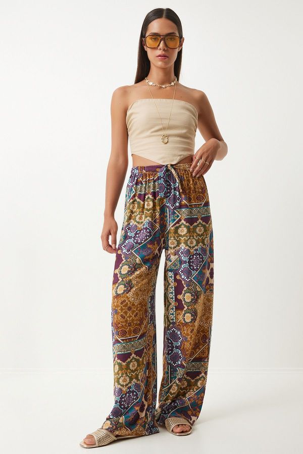 Happiness İstanbul Happiness İstanbul Women's Plum Mustard Patterned Loose Viscose Palazzo Trousers