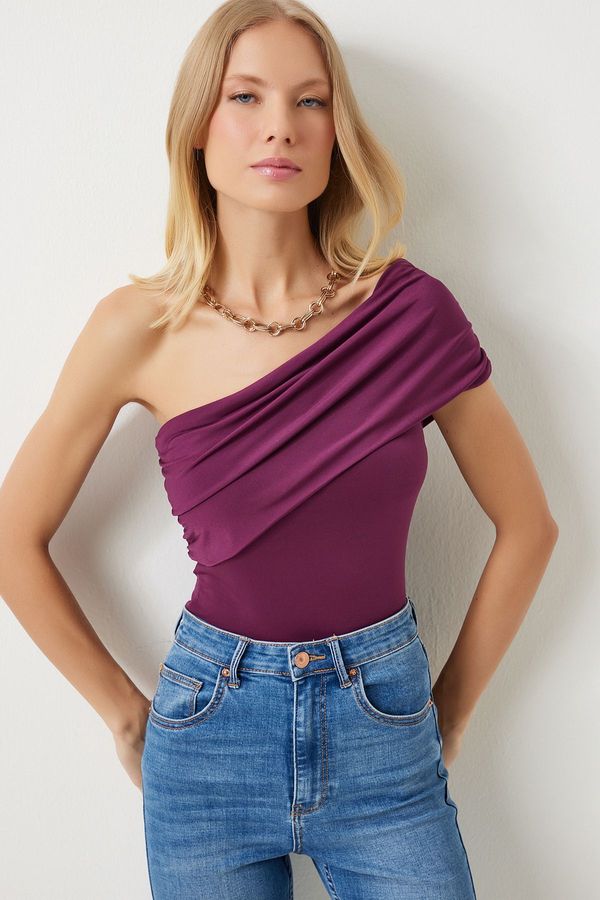 Happiness İstanbul Happiness İstanbul Women's Plum One Shoulder Gathered Knitted Blouse