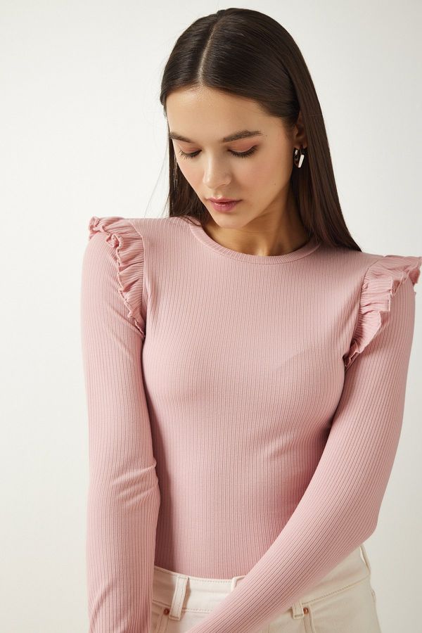 Happiness İstanbul Happiness İstanbul Women's Powder Ruffle Detail Ribbed Snap Knitted Blouse