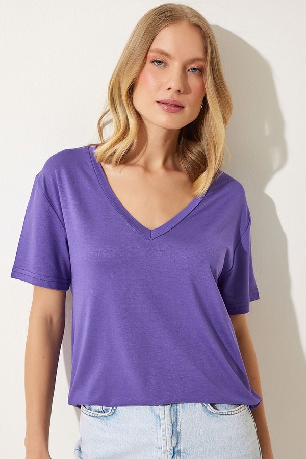 Happiness İstanbul Happiness İstanbul Women's Purple V-Neck Basic Viscose Knitted T-Shirt