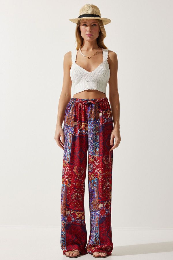 Happiness İstanbul Happiness İstanbul Women's Red Blue Patterned Flowing Viscose Palazzo Trousers