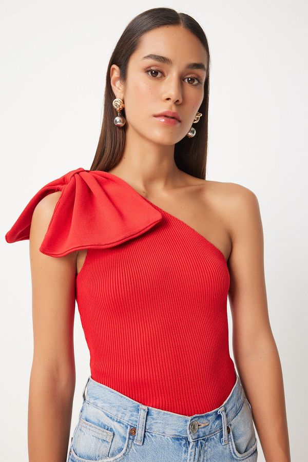 Happiness İstanbul Happiness İstanbul Women's Red Bow One Shoulder Knitwear Blouse