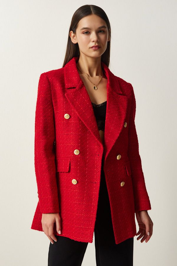 Happiness İstanbul Happiness İstanbul Women's Red Button Blazer Tweed Jacket