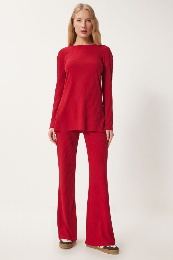 Happiness İstanbul Happiness İstanbul Women's Red Comfortable Ribbed Knitted Blouse Trousers Set