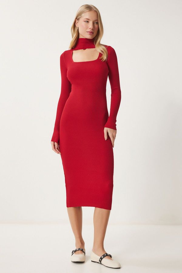 Happiness İstanbul Happiness İstanbul Women's Red Cut Out Detailed Stand Collar Ribbed Knit Dress