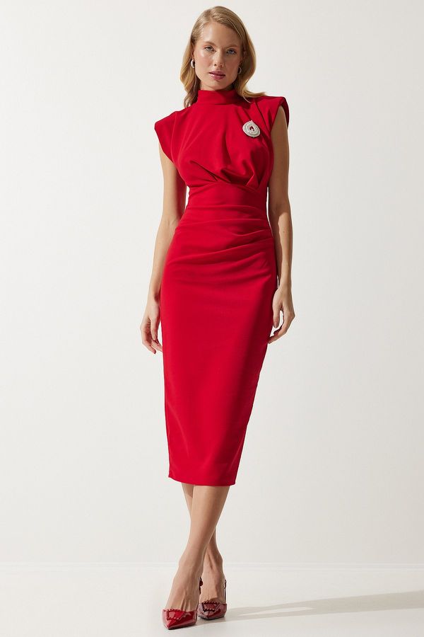 Happiness İstanbul Happiness İstanbul Women's Red Elegant Brooch Gathered Wrap Knitted Dress