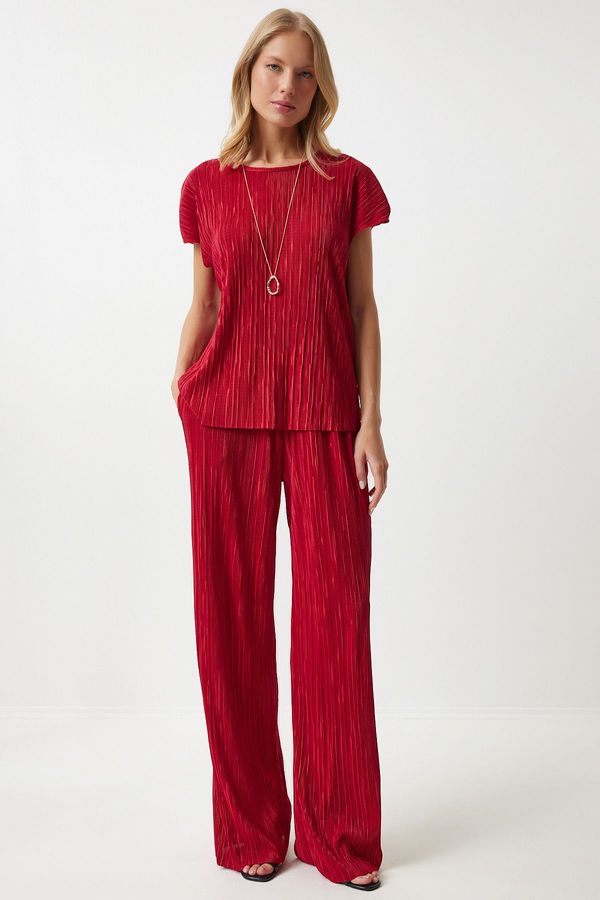 Happiness İstanbul Happiness İstanbul Women's Red Pleated Casual Blouse Trousers Set