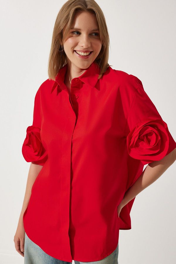 Happiness İstanbul Happiness İstanbul Women's Red Rose Accessory Oversize Design Cotton Premium Shirt