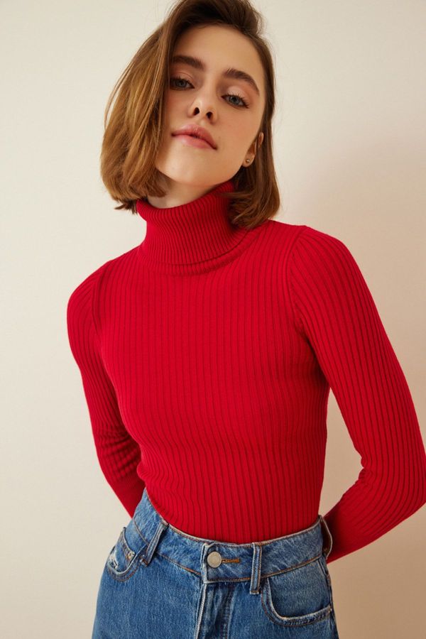 Happiness İstanbul Happiness İstanbul Women's Red Turtleneck Corduroy Lycra Sweater