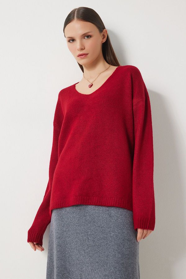 Happiness İstanbul Happiness İstanbul Women's Red V Neck Knitted Sweater