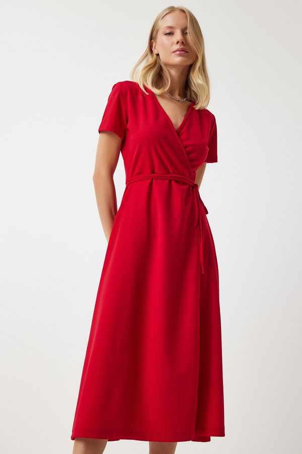 Happiness İstanbul Happiness İstanbul Women's Red V-Neck Wrap Midi Knitted Dress