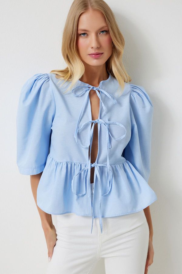 Happiness İstanbul Happiness İstanbul Women's Sky Blue Bow Balloon Sleeve Cotton Poplin Blouse