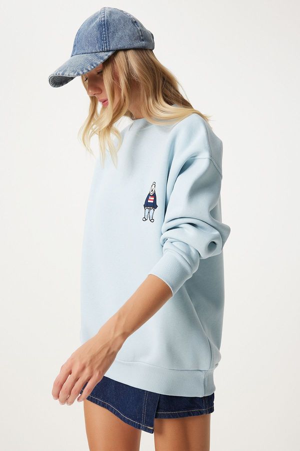 Happiness İstanbul Happiness İstanbul Women's Sky Blue Embroidered Crest Raised Oversize Sweatshirt