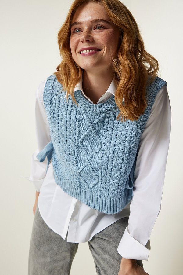 Happiness İstanbul Happiness İstanbul Women's Sky Blue Motif Tie Crop Knitwear Sweater