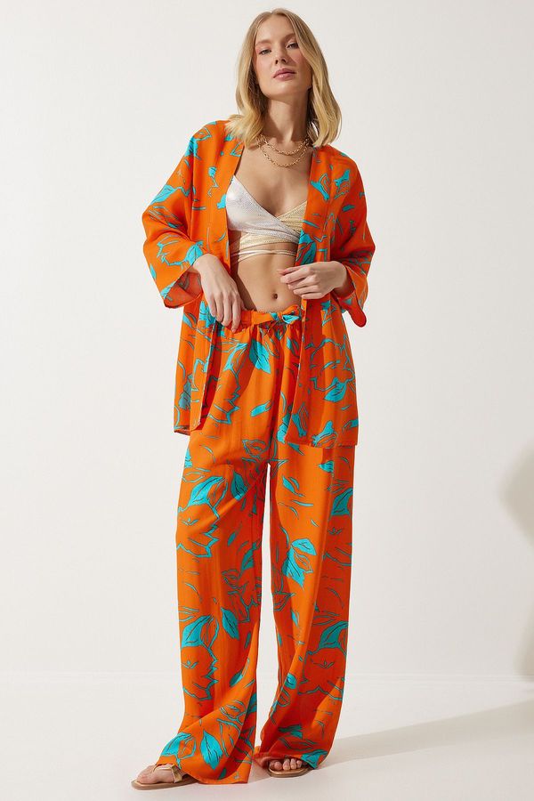 Happiness İstanbul Happiness İstanbul Women's Sky Blue Orange Patterned Kimono Palazzo Trousers Set