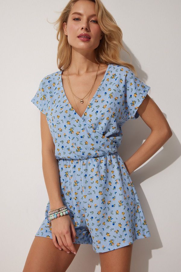 Happiness İstanbul Happiness İstanbul Women's Sky Blue Patterned Overalls with Wrapover Collar