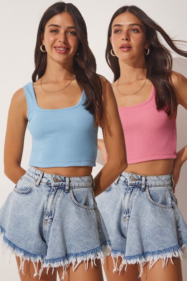 Happiness İstanbul Happiness İstanbul Women's Sky Blue Pink Strapless Crop 2-Pack Knitted Blouse