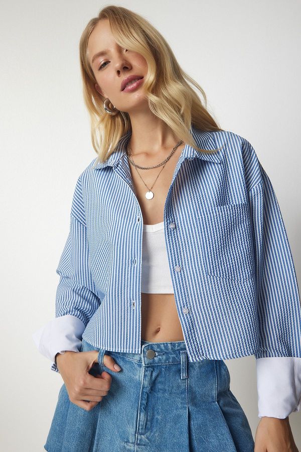 Happiness İstanbul Happiness İstanbul Women's Sky Blue Pinstripe Crop Shirt