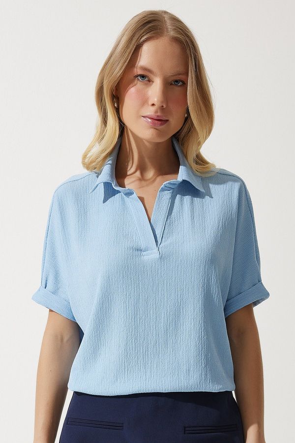 Happiness İstanbul Happiness İstanbul Women's Sky Blue Polo Neck Knitted Crinkle Blouse