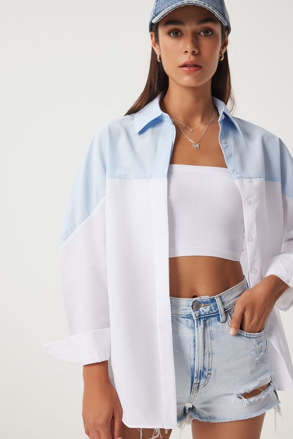 Happiness İstanbul Happiness İstanbul Women's Sky Blue White Block Color Boyfriend Shirt