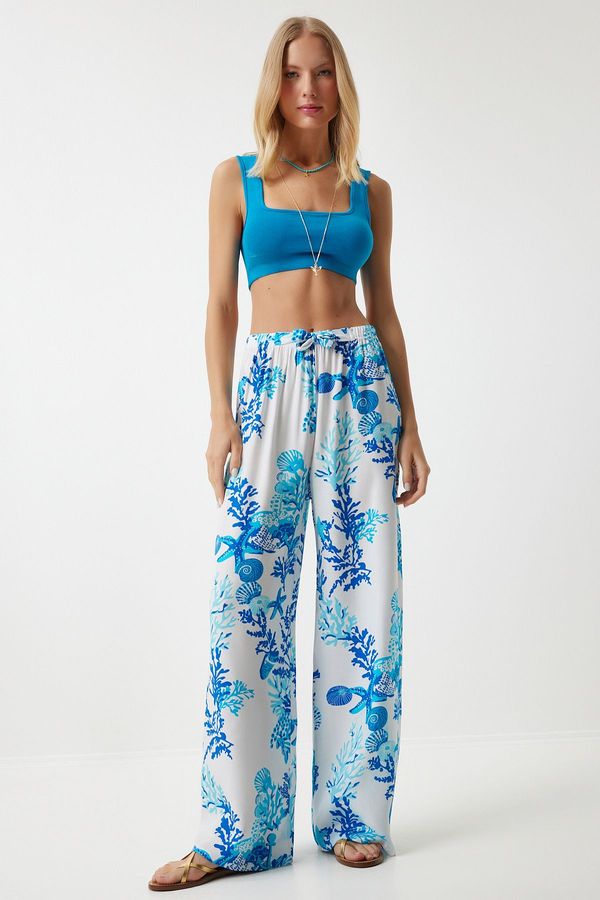 Happiness İstanbul Happiness İstanbul Women's Sky Blue White Patterned Loose Viscose Palazzo Trousers