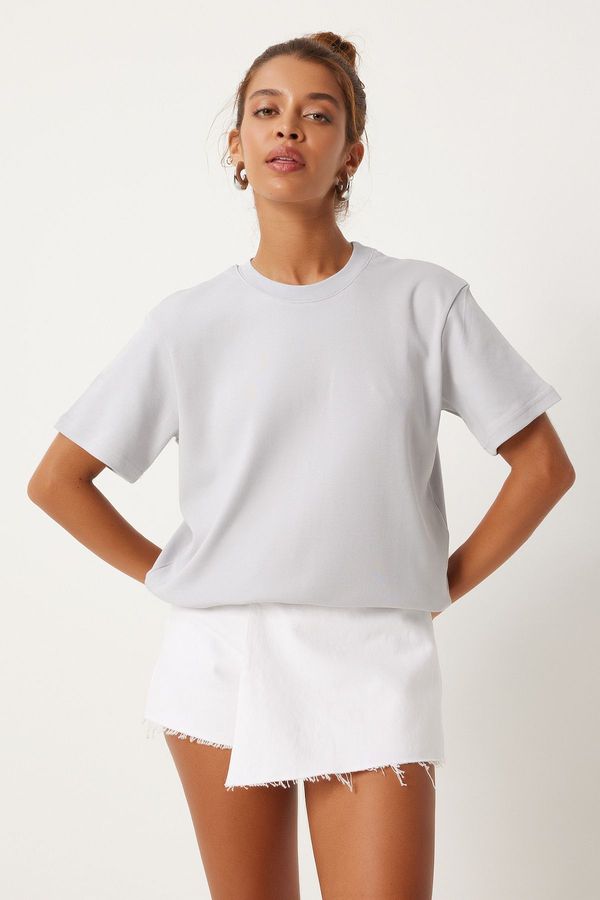 Happiness İstanbul Happiness İstanbul Women's Stone Gray Crew Neck 100% Cotton Combed Cotton T-Shirt