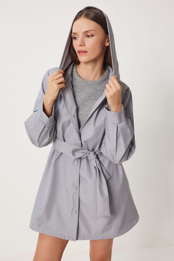 Happiness İstanbul Happiness İstanbul Women's Stone Grey Hooded Belted Short Trench Coat