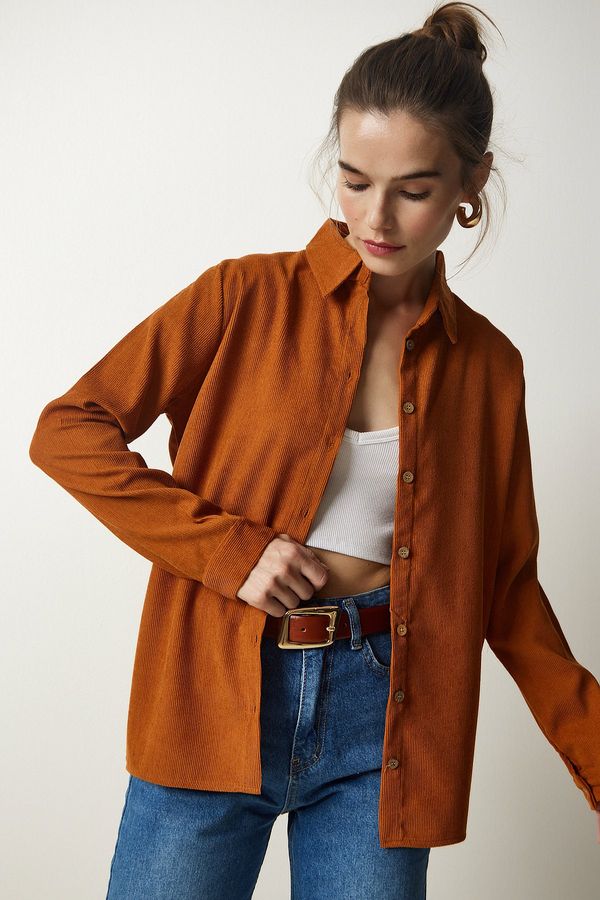 Happiness İstanbul Happiness İstanbul Women's Tan Corduroy Velvet Woven Jacket Shirt