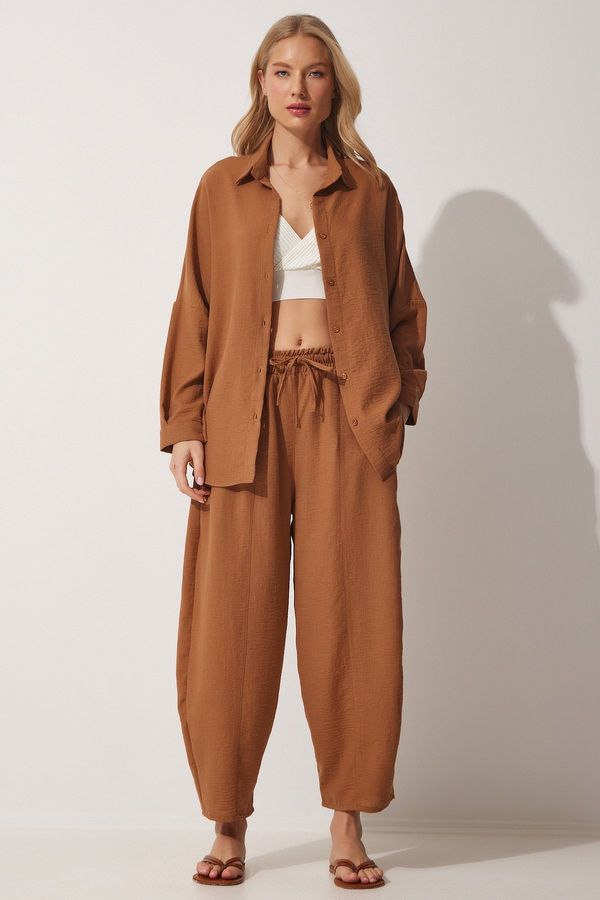 Happiness İstanbul Happiness İstanbul Women's Tan Linen Shirt & Shalwar Pant Suit