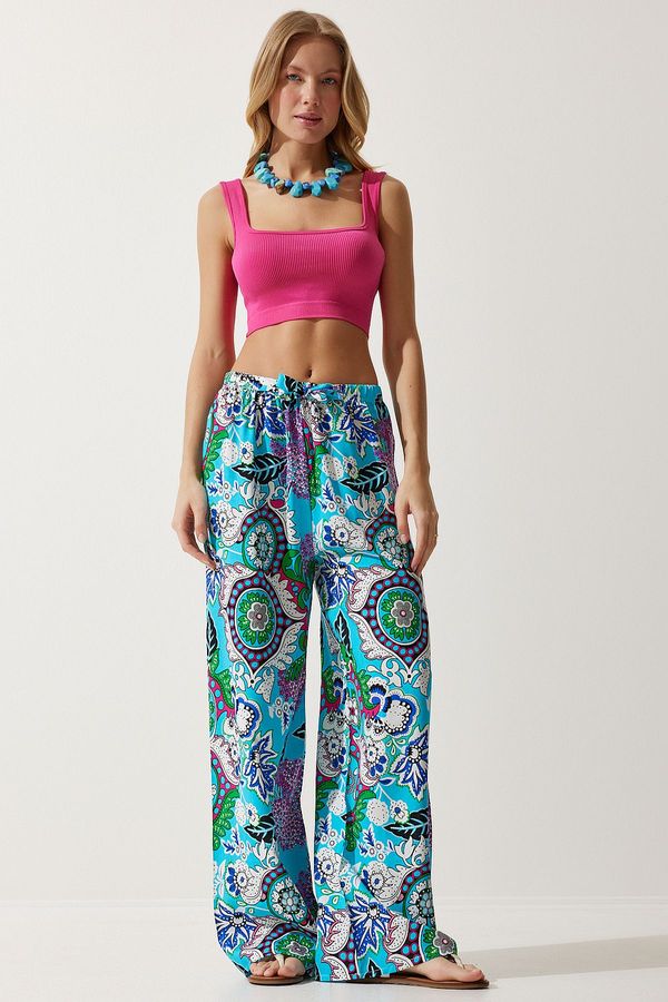 Happiness İstanbul Happiness İstanbul Women's Turquoise Patterned Flowing Viscose Palazzo Trousers