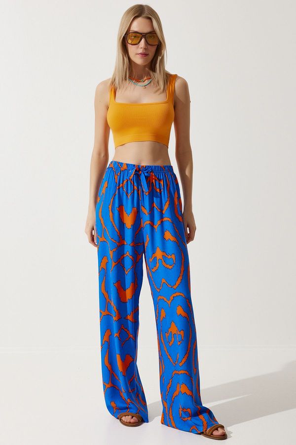 Happiness İstanbul Happiness İstanbul Women's Vibrant Blue Orange Patterned Flowing Viscose Palazzo Trousers