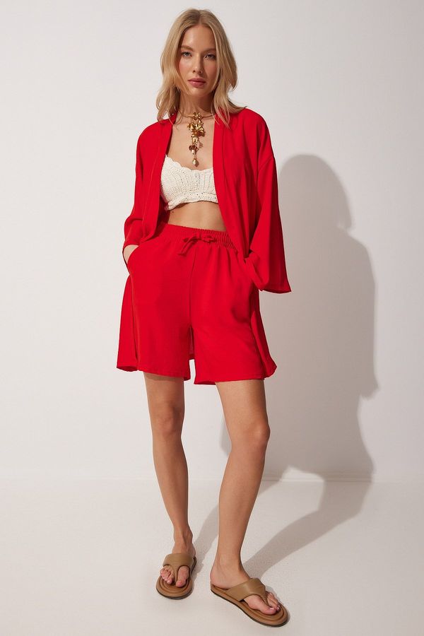 Happiness İstanbul Happiness İstanbul Women's Vibrant Red Flowy Wrap Kimono Shorts Set